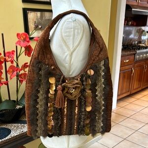 Women’s Brown Faux Fur, Tassel Sequins Embellished Western Hobo Shoulder Bag